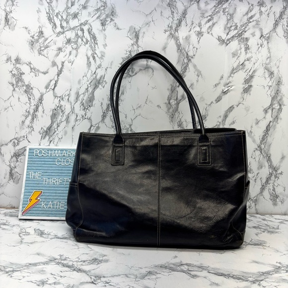 Fossil Black Leather Tote Computer Laptop Briefcase Bag with Top Handles Zipper - Picture 3 of 15